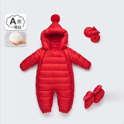 婴儿羽绒服连体衣女宝宝新年红色外出服男宝宝百天满月拜年服冬装