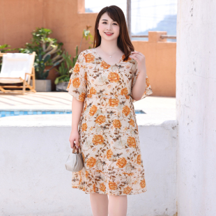加肥加大码 雪纺碎花连衣裙胖妹妹mm夏温柔风妈妈旅游海边茶歇裙子