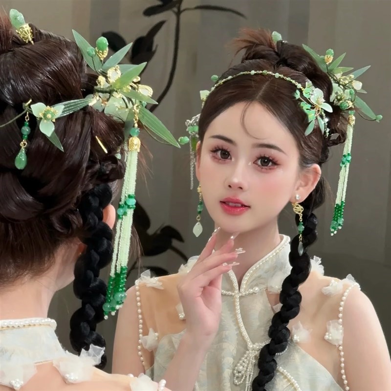 新娘晨袍造型头饰龙凤褂古装旗袍新中式绿色M竹叶发簪汉服拍照发