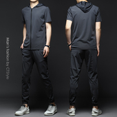 夏装 夏季 连帽T恤运动休闲搭配一套帅气男装 潮流短裤 冰丝短袖 套装