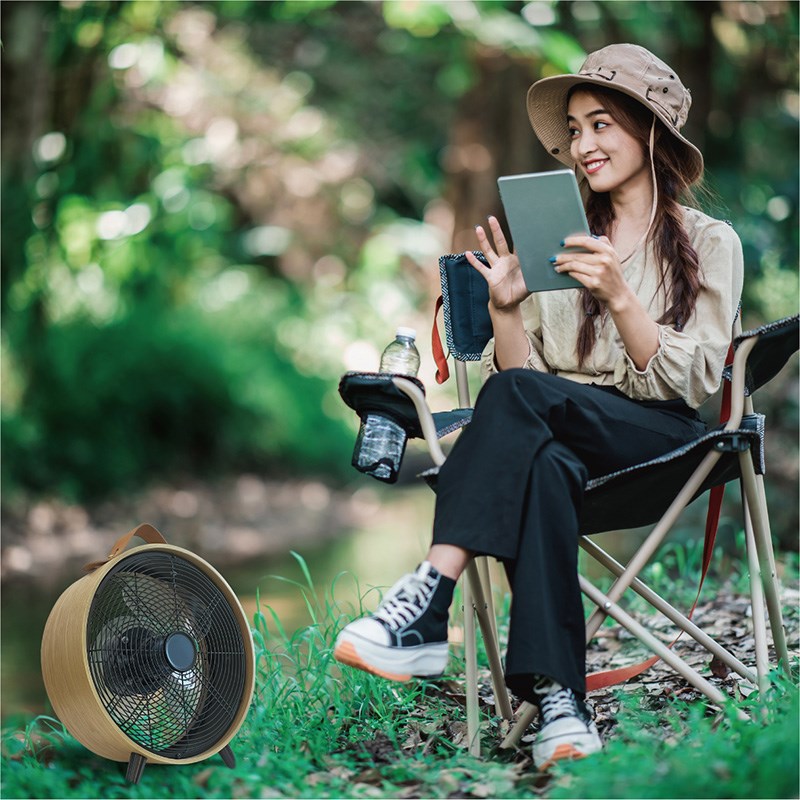 无线风扇实木圆筒户外便携电风扇家用趴地扇静音野外帐篷风扇