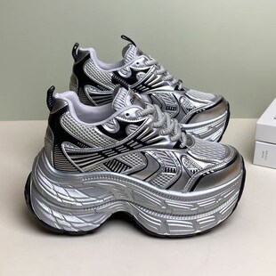 2025春季 新款 银色厚底网鞋 女鞋 松糕运动鞋 女款 9CM鞋 内增高老爹鞋