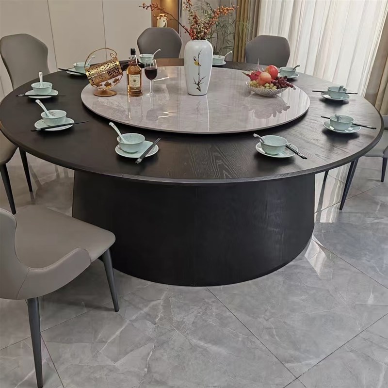 酒店电动餐桌大圆桌岩板定制饭桌新中式12人15人20饭店餐厅火锅桌