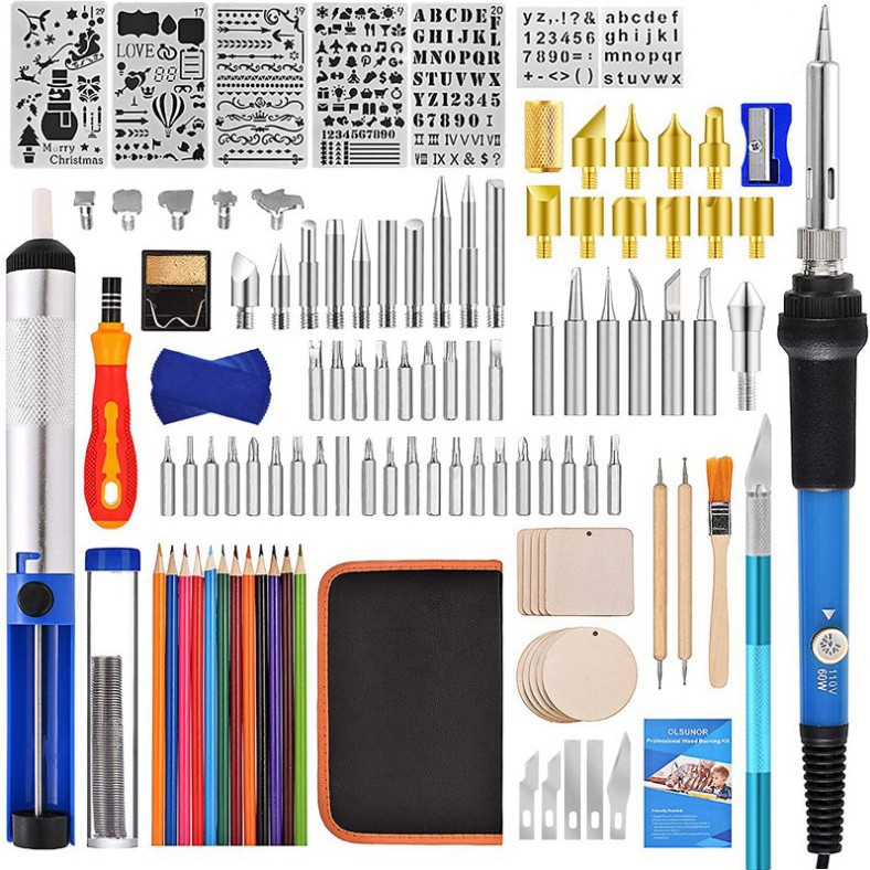 120件烙画雕花工具包60W可调恒温电烙铁配彩笔数字字母印花模板