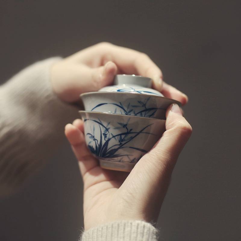 xyt《独饮》个人饮茶具系列 旅行收纳包 仿古兰花手绘盖碗工装陶