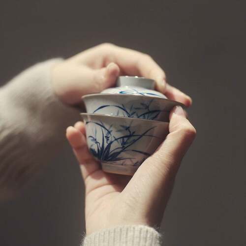 xyt《独饮》个人饮茶具系列 旅行收纳包 仿古兰花手绘盖碗工装陶