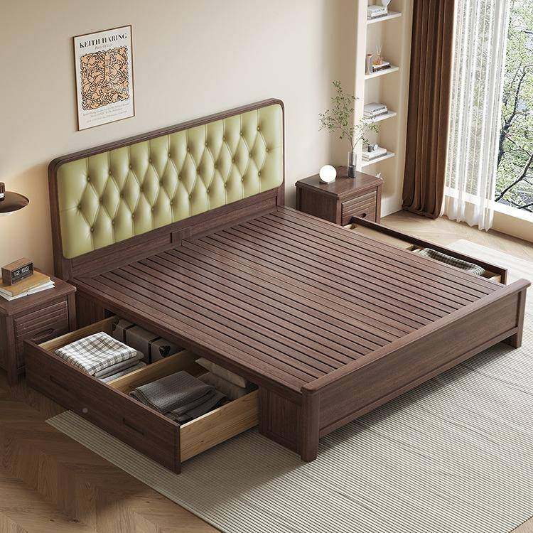 现代简约胡桃木实木床1.L08款米式主卧中双人床1.储5物经济型8卧