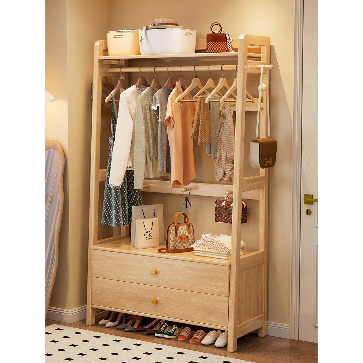 木床ZKG头柜挂衣架一体卧室落实地衣帽架带屉柜入户置斗物抽架