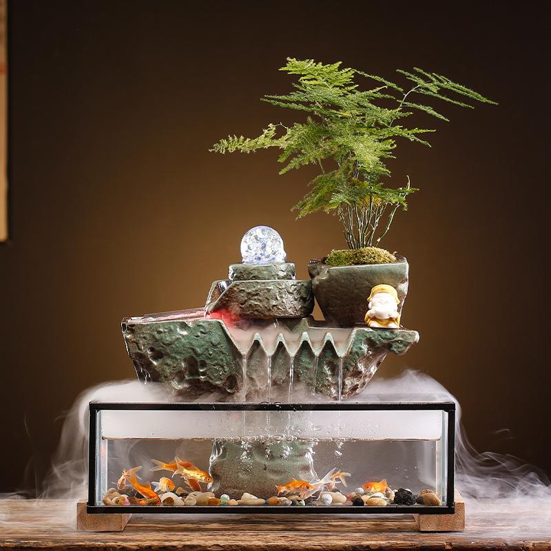 创意LXV流水加湿器玻璃鱼财喷泉办公室桌家面玄关客缸厅居开业招