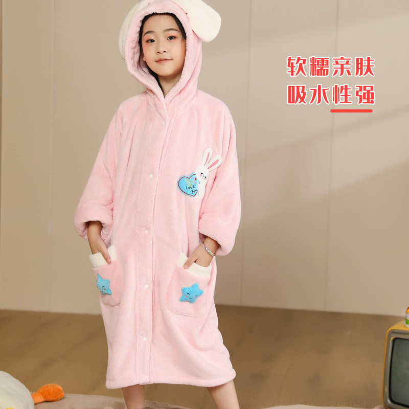 儿童浴袍带帽可爱卡通男女宝睡衣珊瑚绒长袖家居服秋冬保暖加厚