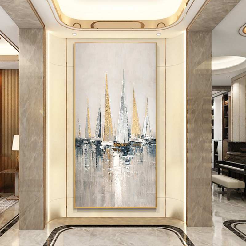 手绘油画抽象金箔帆船玄关装饰画现代轻奢走廊过道一帆风顺挂画