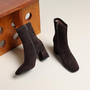 羊皮反绒真皮短靴增高显瘦粗跟瘦瘦靴高跟鞋小方头秋冬新款1829