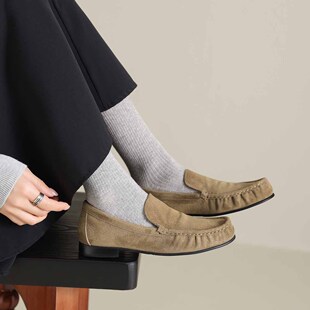 复古风全真皮老钱风反绒皮乐福鞋女圆头浅口一脚蹬豆豆鞋休闲2106