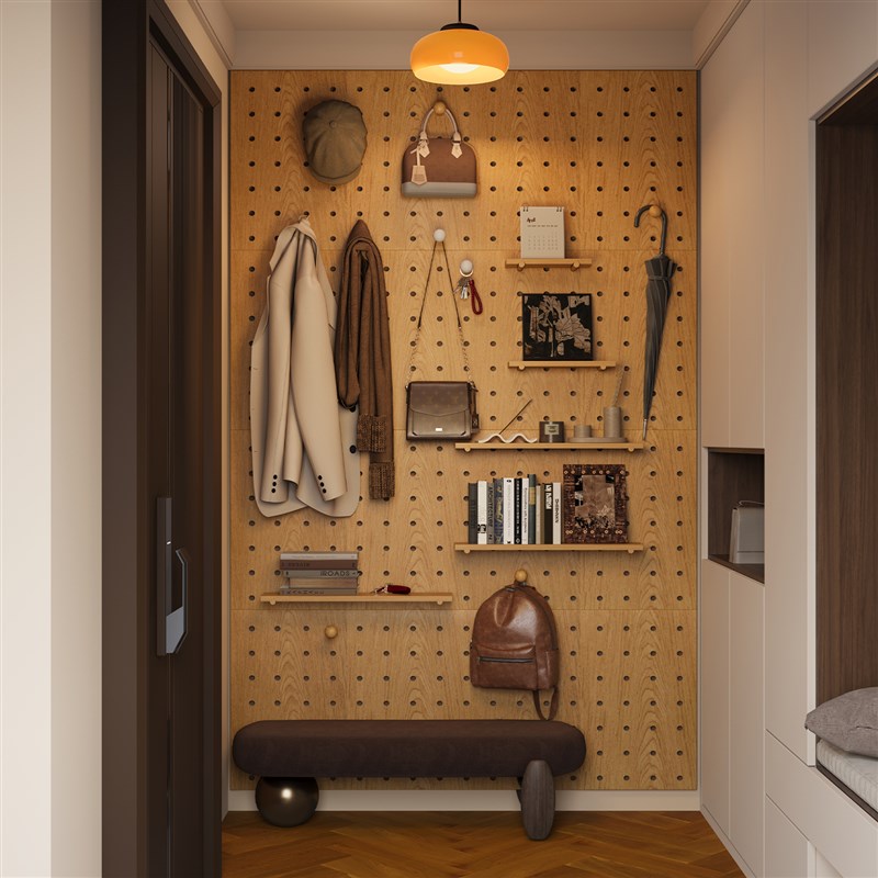 实木洞洞板墙面置物架入户玄关造型墙收纳挂衣架墙上隔板架带配件