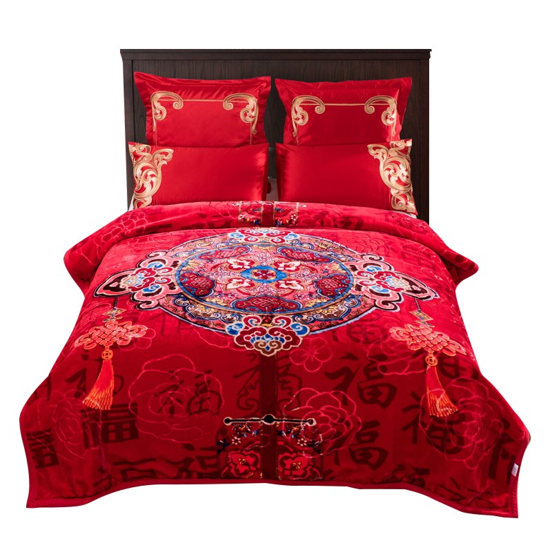 毛毯结婚双层拉舍尔毯子婚庆大红色双人加厚盖毯陪嫁云毯冬季绒毯