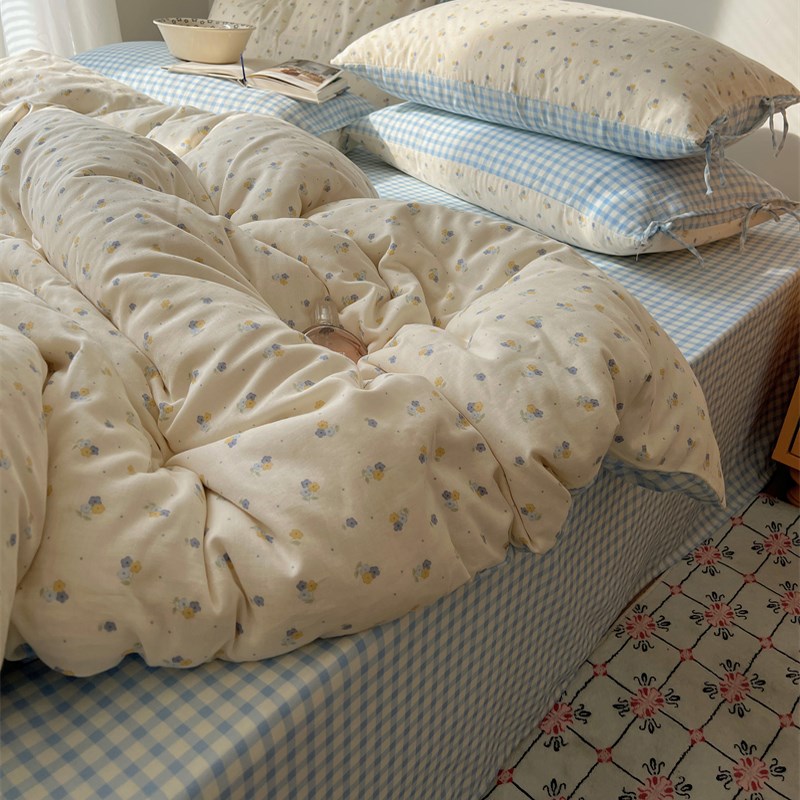 梨梦 韩式小碎花A类双层纱四件套全棉床单被套床笠款床上用品