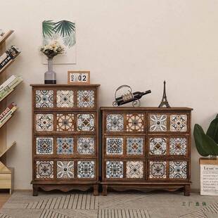 复古斗柜实木储物柜彩绘柜子床头柜小型多层收纳柜客厅置物抽屉柜