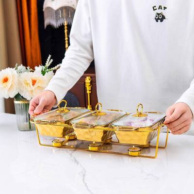 casserole三格长方形金色架子玻璃盖石头纹金色烤盘bakeware