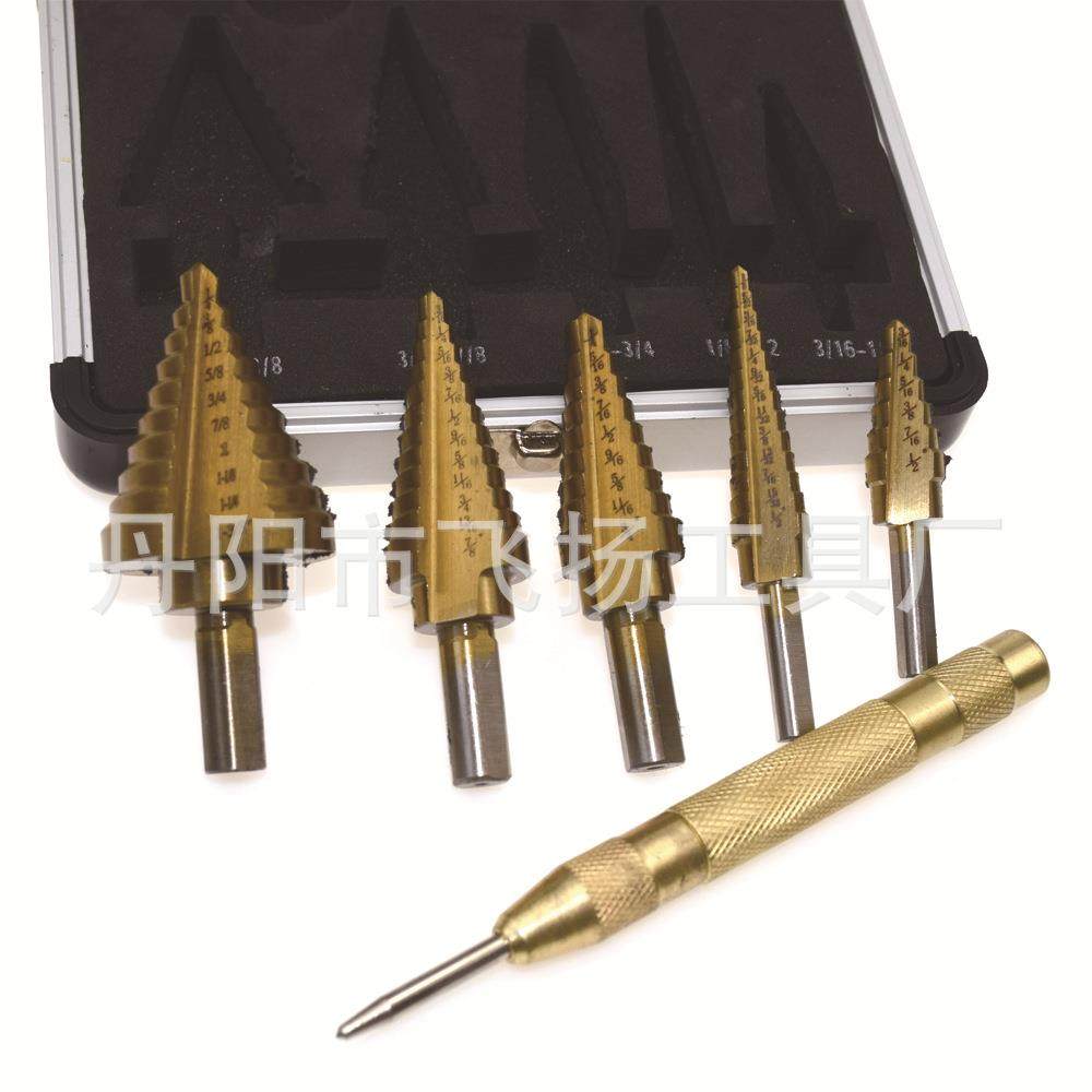 6PC铝盒装高速钢镀钛宝塔钻三角柄阶梯钻中心冲套装