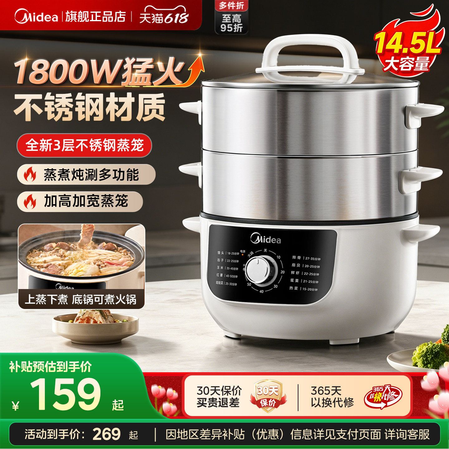 美的不锈钢三层大容量电蒸锅图片