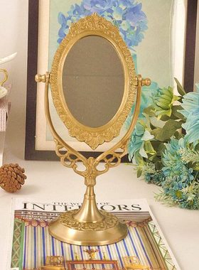 进口黄铜镜子欧式复古化妆镜结婚纯铜仿古镜化妆间卧室装饰镜摆件