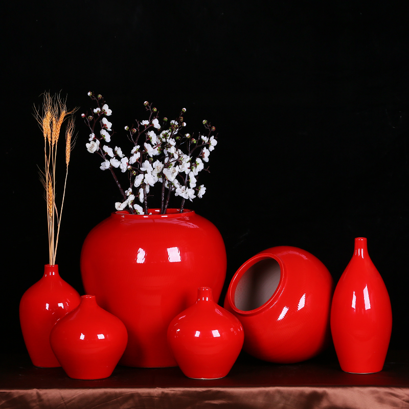 中国红色落地陶瓷器结p婚花瓶摆件用客厅婚房酒店餐厅简约插干花