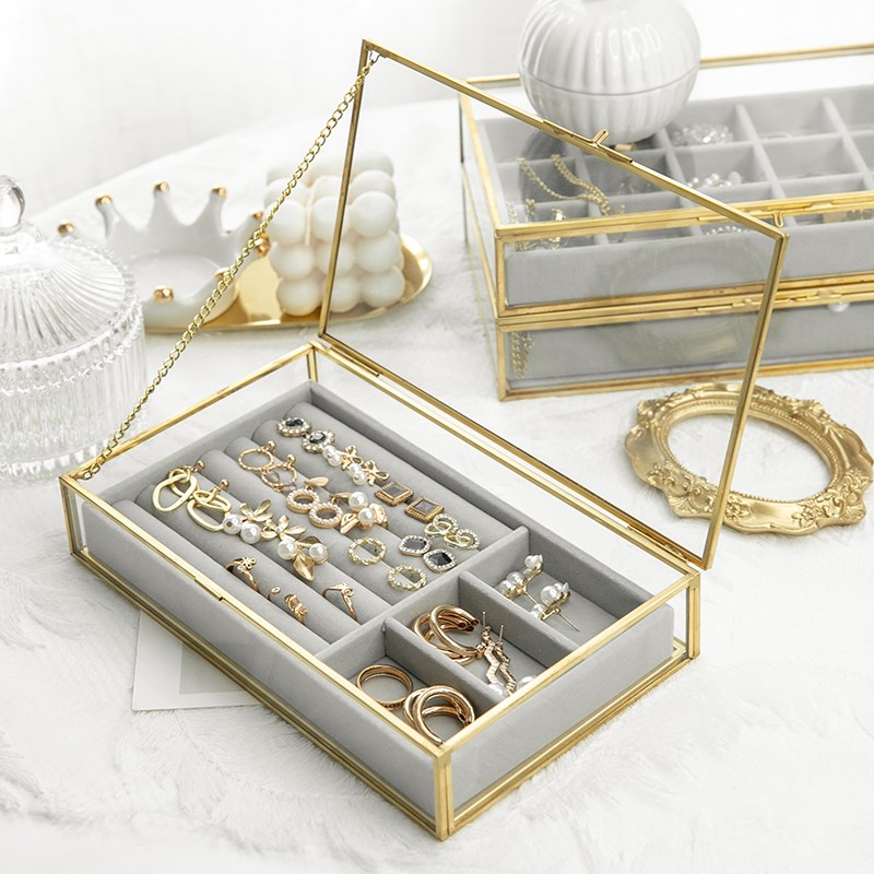 简约轻奢金属框玻l璃透明首饰盒饰品大容量防尘收纳展示盒陈列道