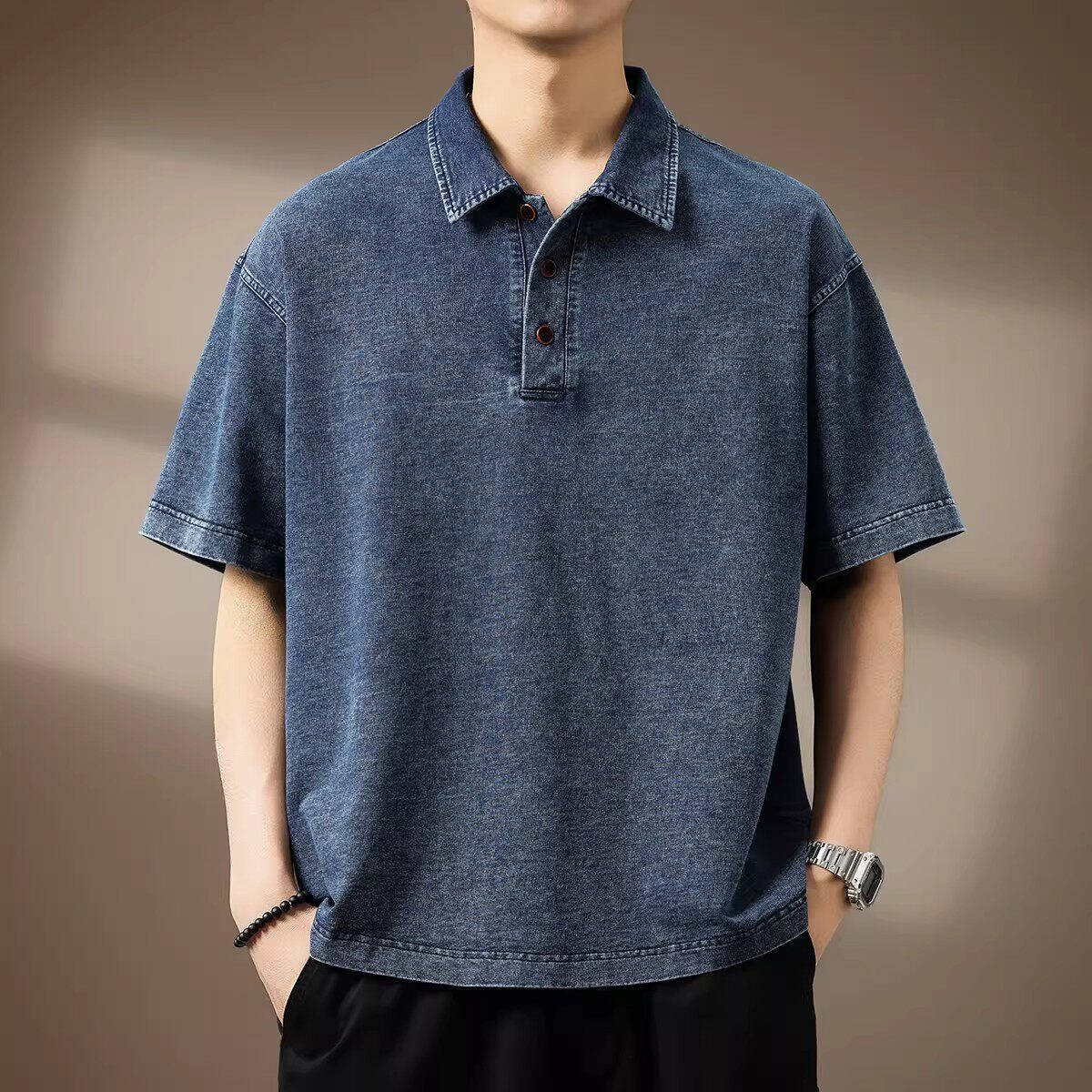 Taridean高端美式复古短袖牛仔Polo衫男夏季新款宽松透气休闲T恤