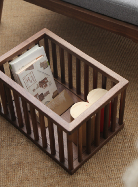 黑胡桃木收纳筐杂物框实木储物盒J禅意新中式桌面置物篮