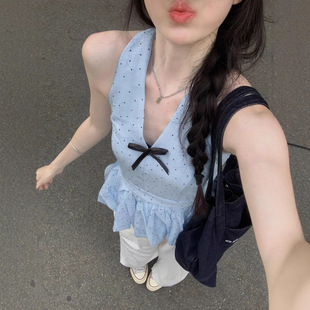 甜美可爱波点蝴蝶结露背衬衫夏季新款度假风收腰短款蓬蓬花苞上衣
