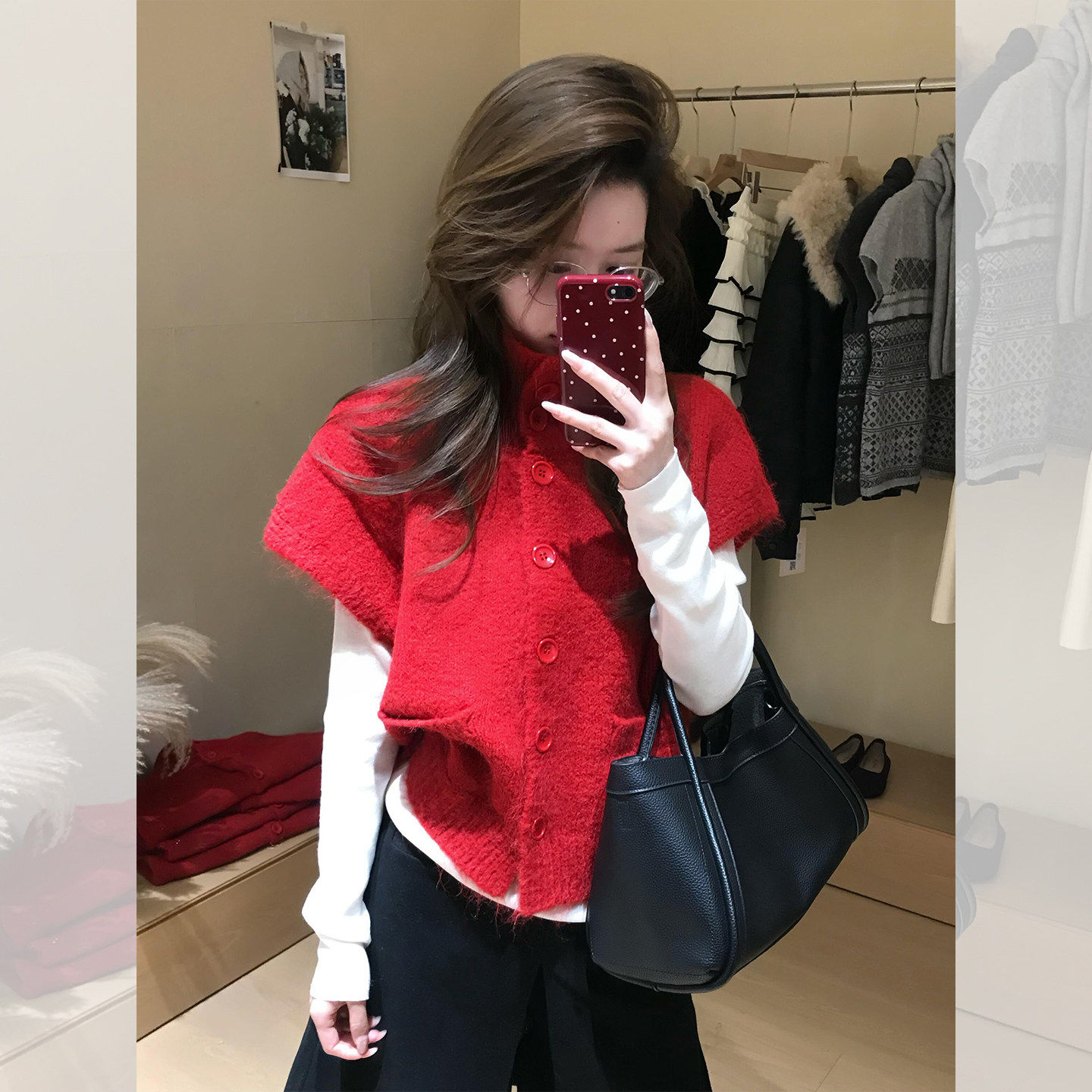 韩系穿搭红色高领无袖针织开衫女秋冬高级感坎肩毛衣外套马甲上衣