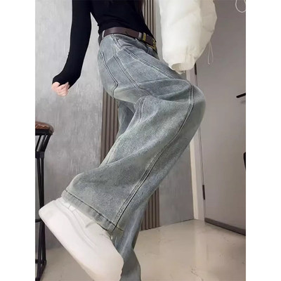 覆古蓝窄版阔腿牛仔裤女