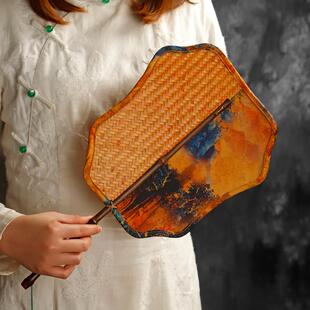 中式复古大漆紫竹竹编扇子夏季蒲扇芭蕉扇长柄缎面汉服团扇青蓖扇