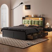 北欧黑色实木床现代简约复古软靠床1.8m1.5m双人床高箱储物小户型