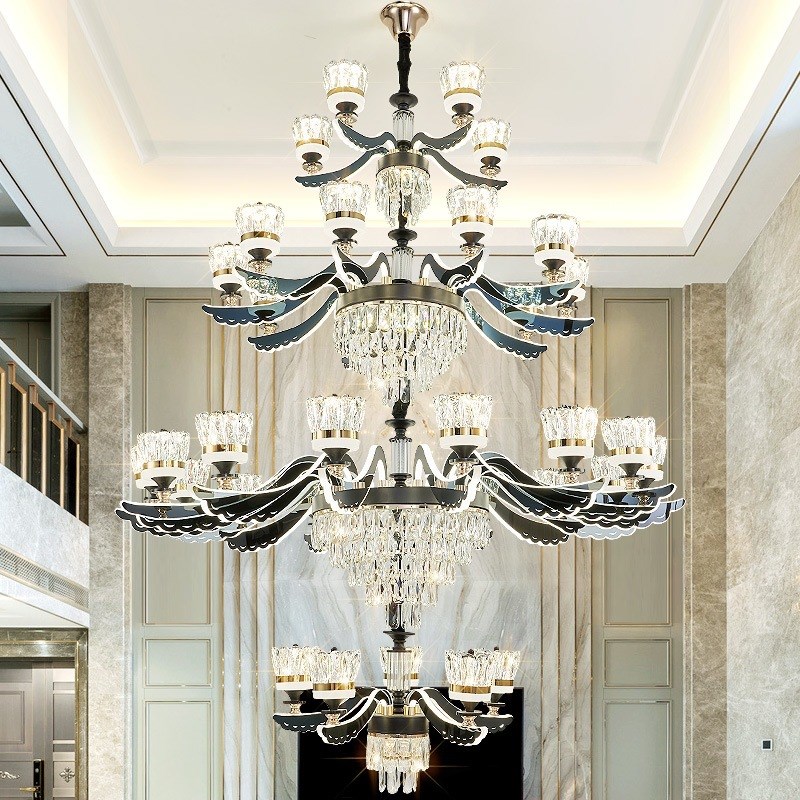 复式楼客厅大吊灯简欧别墅挑空中空D臂发光新中式现代简约水晶吊
