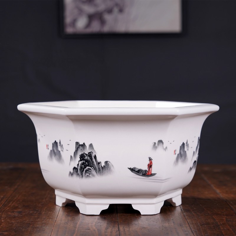 花盆轻奢高级感大号四方六方形盆景F花盆彩绘山水贴画新款中国风