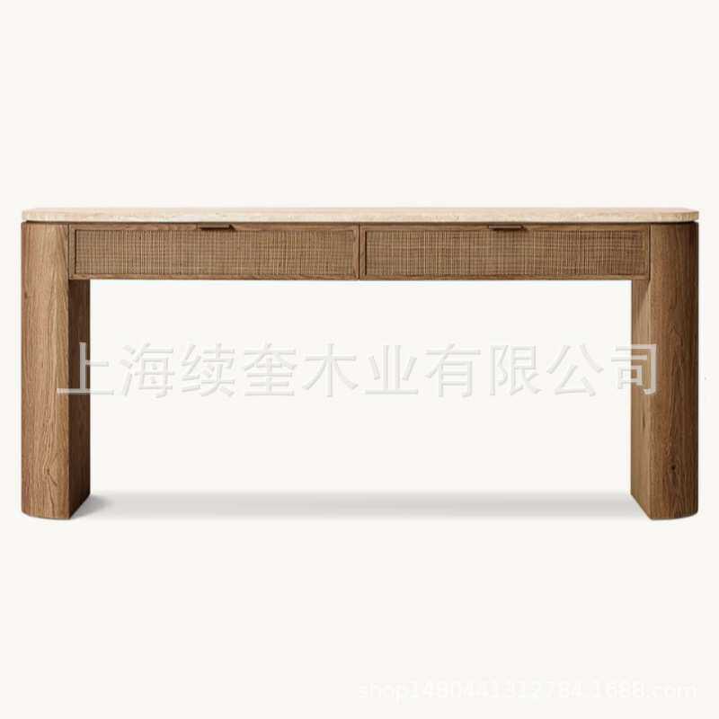 RH美式简约实木入户洞石台面玄关台客厅隔断柜工厂出口家具