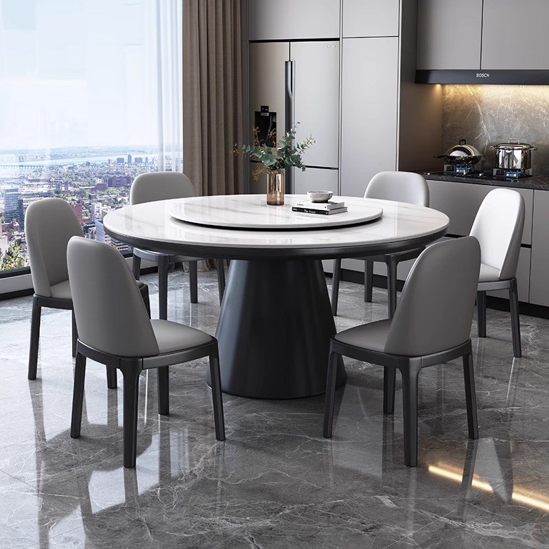 轻奢岩板餐桌椅组合n现代简约家用小户型实木圆形旋转电磁炉大圆