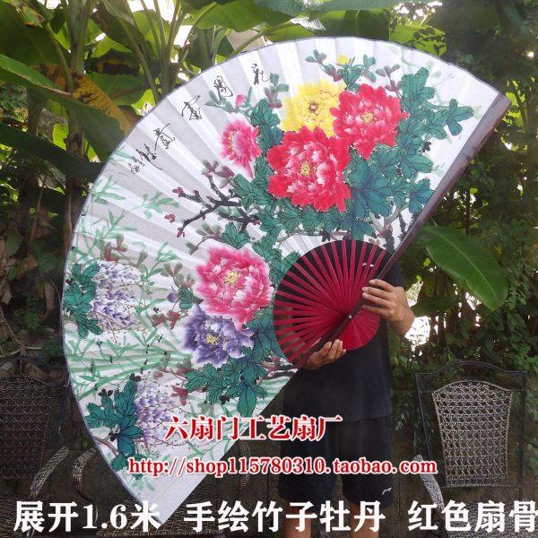 大挂扇宣纸国画装饰扇工艺大折扇子壁饰背景墙面挂件竹子牡丹紫藤