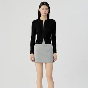 AMASS阿玛施新款简约气质圆领波浪竖坑纹显瘦拉链针织开衫548068