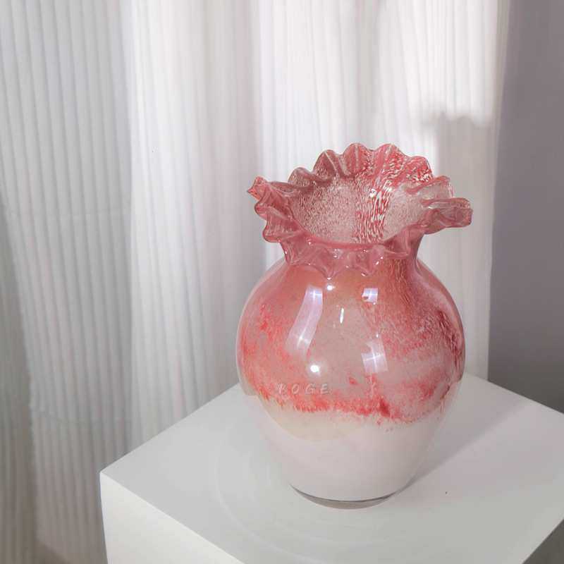 中古风拼色花瓣口玻璃花瓶客餐厅电视柜玄关插花水培软装饰品摆件