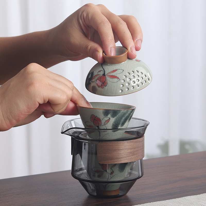 哥窑釉下手绘荷花斗笠杯旅行茶具茶杯便携小套装户外一壶三杯快客