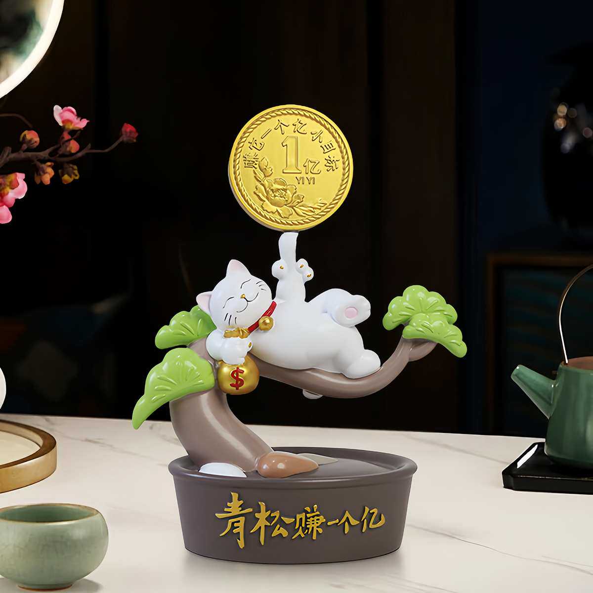 轻松赚一个亿招财猫创意旋转金币摆件家居客厅装饰品树脂工艺品