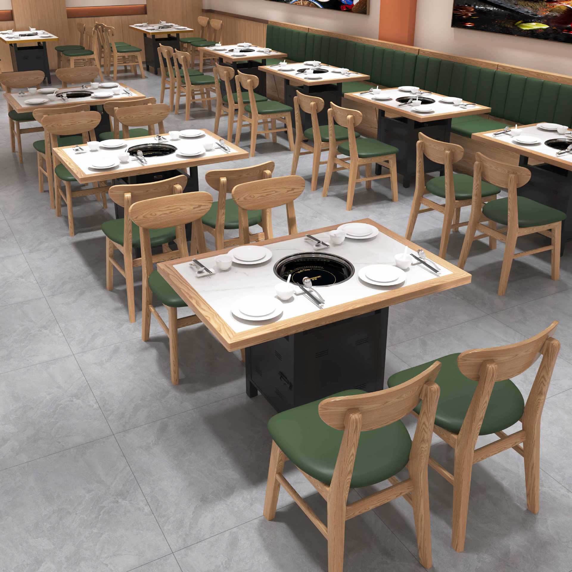 实木岩板火锅桌电磁炉一体烤肉桌子卡座沙发餐桌椅组合商用饭桌