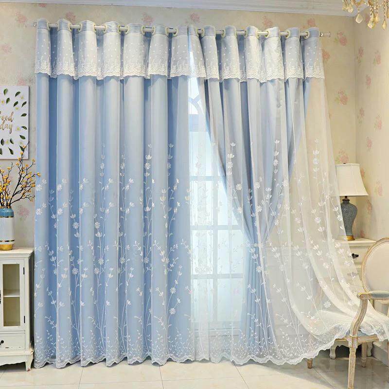 成品绣花款布纱双层一体欧式遮光公主风客厅阳台卧室纯色落地窗帘
