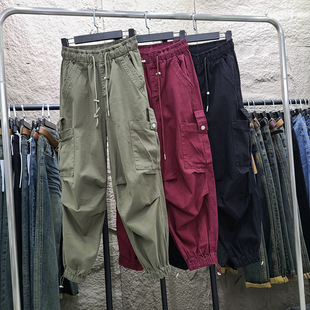 新款 束脚哈伦老爹裤 休闲牛仔工装 女宽松显瘦松紧腰大码 裤 2023秋季