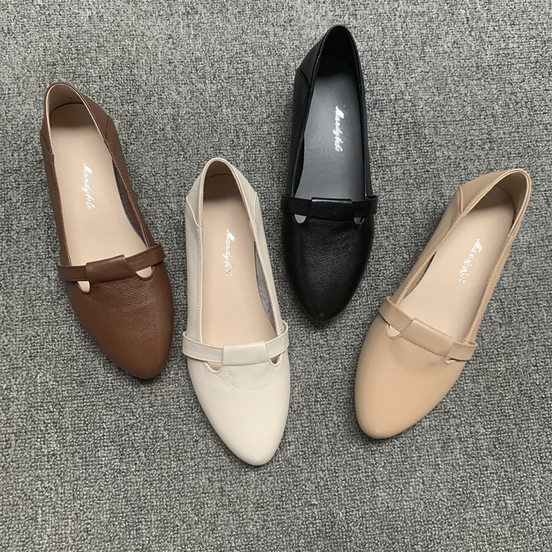 法式单鞋女牛皮低跟女鞋202x5新款浅口尖头女士休闲皮鞋夏季工作