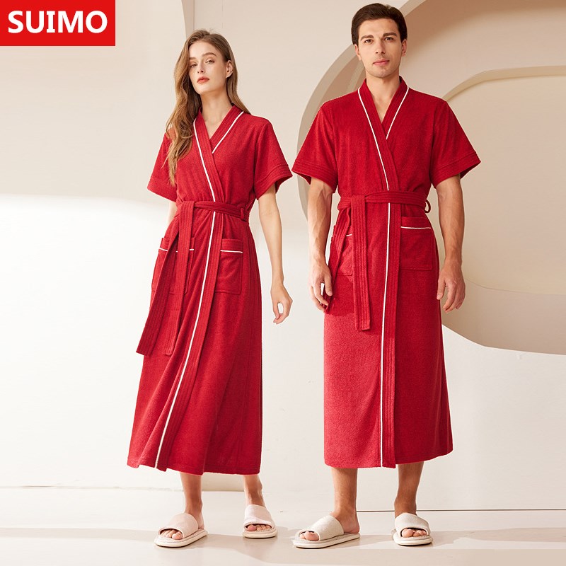 毛巾料加超长男女情侣通r用短袖睡袍加长吸水速干浴袍偏厚纯色睡