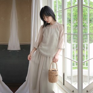 六分水袖 文艺雪纺套装 全开襟中式 半身裙大摆裙 若水 上衣 茉茉夏