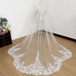 新娘结婚重工钉珠亮片蕾丝头纱高级感扇形长拖尾主婚纱拍照头饰